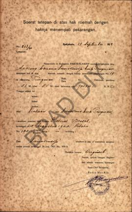 Surat ketetapan di atas hak rumah dengan haknya menempati pekarangan dari Pemerintah di Kadipaten...