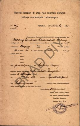 Surat ketetapan di atas hak rumah dengan haknya menempati pekarangan dari Pemerintah di Kadipaten...