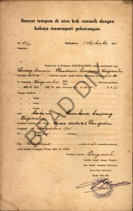 Surat ketetapan di atas hak rumah dengan haknya menempati pekarangan dari Pemerintah di Kadipaten...