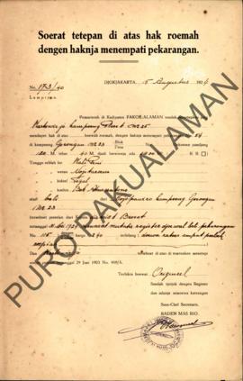 Surat Ketetapan diatas hak rumah dengan haknya menempati pekarangan dari Pemerintah Kadipaten Pak...