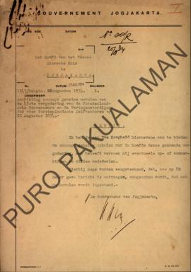 Surat dari Gubernur Yogyakarta kepada Kepala pakualaman perihal penawaran konsep rahasia notulen ...