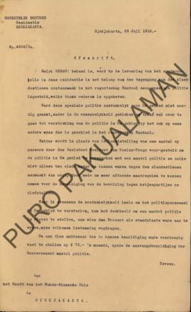 Surat dari Direktur Regional Residentie Djokjakarta, kepada Kepala Pakualaman Djokjakart, perihal...