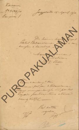 Surat dari Asisten Resident Mataram kepada Bupati Patih Pakualaman, perihal mohon untuk diumumkan...