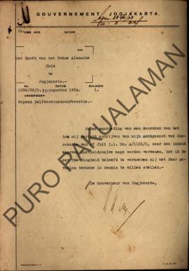 Surat dari Gubernur Yogyakarta kepada Kepala Pakualaman perihal tentang Konfrensi Pemerintahan Ot...