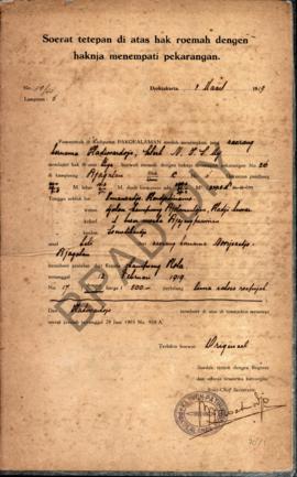 Surat tetapan di atas hak rumah dengan haknya menempati pekarangan dari pemerintah di Kadipaten P...