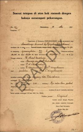 Surat tetapan di atas hak rumah dengan haknya menempati pekarangan dari pamarentah di Kadipaten P...