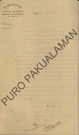 Surat Keputusan Kadipaten Pakualaman Residentie Djokjakarta, perihal anggaran untuk membangun Pas...