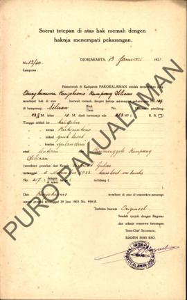 Surat Ketetapan diatas hak rumah dengan haknya menempati pekarangan dari Pemerintah Kadipaten Pak...
