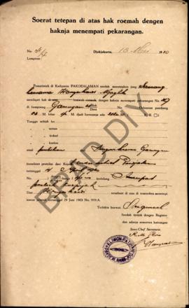 Surat ketetapan di atas hak rumah dengen haknya menempati pekarangan dari Pamarentah di Kadipaten...