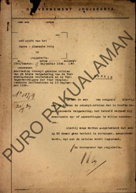 Surat dari Gubernur Yogyakarta kepada Kepala Pakualaman perihal penyampaian konsep notulen rahasi...