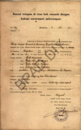 Surat tetapan di atas hak rumah dengan haknya menempati pekarangan dari pamarentah di Kadipaten P...