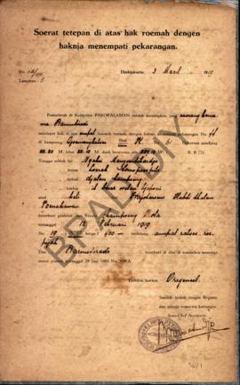 Surat tetapan di atas hak rumah dengan haknya menempati pekarangan dari pemerintah di Kadipaten P...
