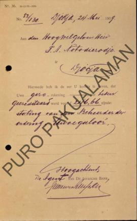 Kumpulan berkas giro dari De Javasche Bank kepada Kepala Pakualaman, perihal Administrasi perusah...