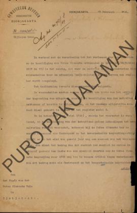 Surat dari Resident Jogjakarta untuk Kepala Pakualaman tentang peraturan untuk melimpahkan uang m...