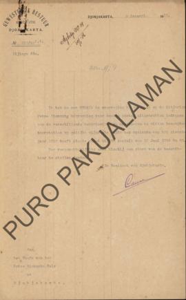 Surat dari Pemerintahan Daerah Residentie Djokjakarta kepada Pakualaman Djokjakarta, perihal pert...