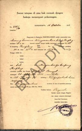 Surat ketetapan di atas hak rumah dengan haknya menempati pekarangan dari Pemerintah di Kadipaten...