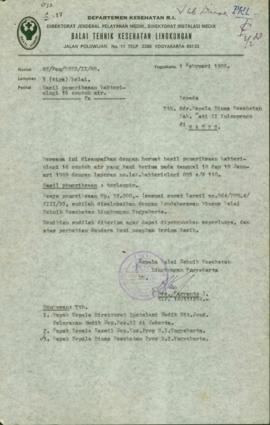 Surat dari Kepala Balai Tehnik Kesehatan Lingkungan tentang hasil pemeriksaan bakteriologi contoh...