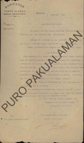 Surat dari Pangeran Adipati Ario Praboe untuk Kepala Pertanggung Jawaban Keuangan, tentang perbai...