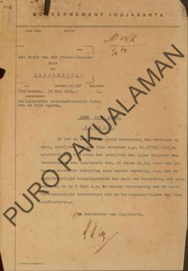 Surat dari Gubernur Yogyakarta kepada Het Hoofd Pakualamsche Huis perihal posisi anggota parlemen...