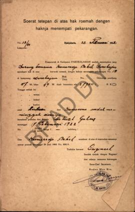 Surat ketetapan di atas hak rumah dengan haknya menempati pekarangan dari Pemerintah di Kadipaten...
