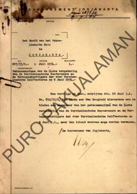 Surat dari Gubernur Yogyakarta kepada Kepala Pakualaman perihal menawarkan salinan keterangan pre...