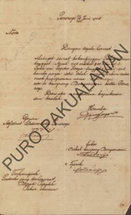 Surat dari Djajengjoegondo terhunjuk kapada paduka bupati pepatih pakualaman memberitahukan bahwa...