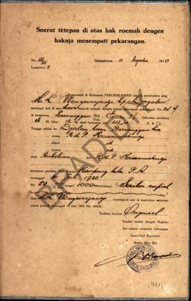 Surat tetapan di atas hak rumah dengan haknya menempati pekarangan dari pamarentah di Kadipaten P...