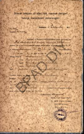 Surat tetapan di atas hak rumah dengan haknya menempati pekarangan dari pamarentah di Kadipaten P...