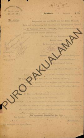 Surat dari Gouverneur General van Nederland Indis untuk Resident Jogjakarta tentang ganti rugi at...