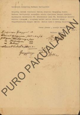 Surat Doemawoeh/surat pemberitahuan dari Kangdjeng Goesti Wedhono Kartiprodjo perihal menyiapkan ...
