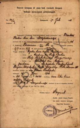 Surat ketetapan tanah di atas hak rumah dengan haknya menempati pekarangan dari Pemerintah di Kad...