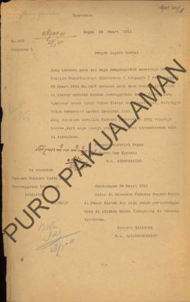 Surat permohonan izin untuk memasang jembatan di selokan sebelah barat/Kulon Pasanggrahan dalam t...