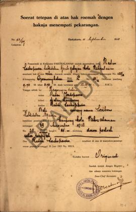 Surat ketetapan tanah di atas hak rumah dengan haknya menempati pekarangan dari Pemerintah di Kad...
