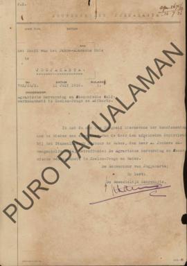 Surat dari Sekretaris Daerah kepada Kepala Pakualaman, perihal reformasi Agraria dan aktifitas ek...