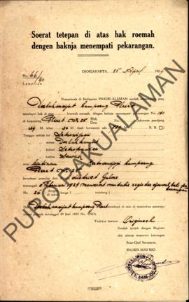 Surat Ketetapan diatas hak rumah dengan haknya menempati pekarangan dari Pemerintah Kadipaten Pak...