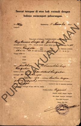 Surat Ketetapan diatas hak rumah dengan haknya menempati pekarangan dari Pemerintah Kadipaten Pak...