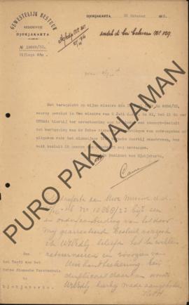 Surat dari Resident Yogyakarta kepada Kepala Pakualaman, perihal penawaran pengesahan draft keput...