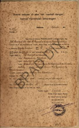 Surat tetapan di atas hak rumah dengan haknya menempati pekarangan dari pamarentah di Kadipaten P...