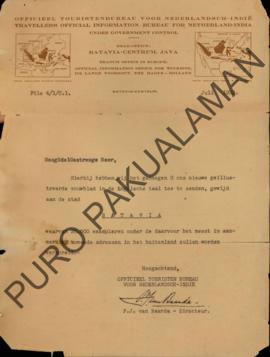 Surat dari Direktur Kantor Resuni Turis di Hindia Belanda P.J. van Baarda kepada Kepala Pakualama...