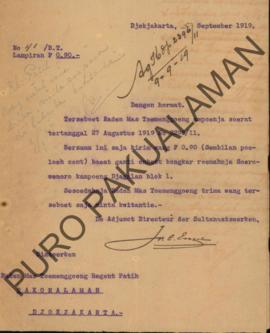 Surat dari Wakil Direktur yang bekerja di Kesultanan kepada Raden Mas Tumenggung Regen Patih Paku...