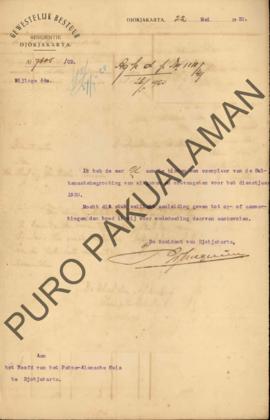 Surat dari Resident Yogyakarta kepada Kepala Pakualaman, perihal memberikan salinan anggaran dari...