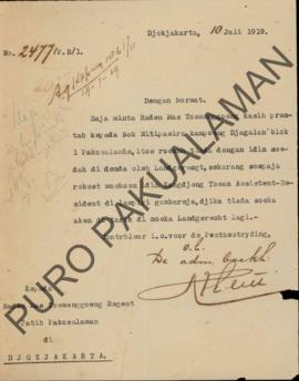 Surat dari Controleur t.c voor de Pestbestryding kepada Raden Mas Toemonggoeng Regent Patih Pakua...