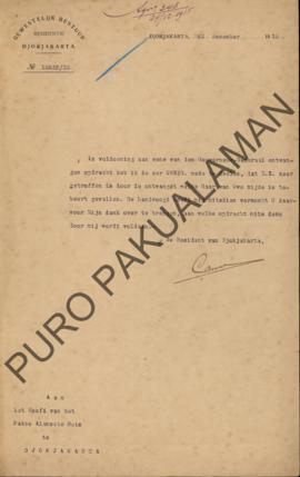 Surat dari Direktur Regional Residente Djogjakarta kepada Pakualaman Jogjakarta perihal Penyampai...