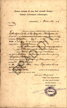Surat tetapan di atas hak rumah dengan haknya menempati pekarangan dari pamarentah di Kadipaten P...