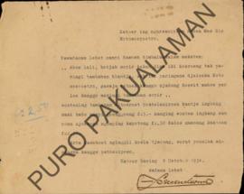 Surat kepada Notosoepoetro untuk memberikan uang tambahan belanja buat Supir dari Wedono Lebet So...