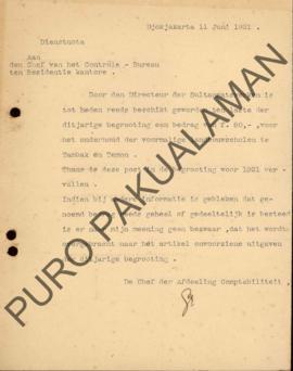 Memorandum dari Chef der Afdeling Comptabiliteit kepada Kantor Residen Chef Controle Bureau, peri...