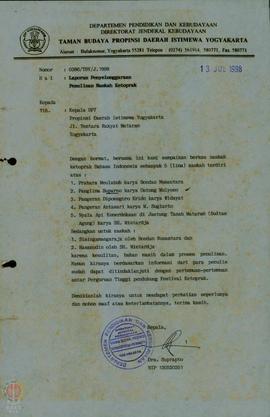 Surat dari Taman Budaya Propinsi DIY tentang Laporan Penyelenggaraan Penulisan Naskah Ketoprak.