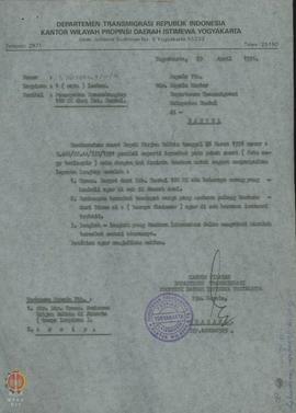 Surat dari Kepala Kantor Wilayah Departemen Transmigrasi Provinsi DIY kepada Kepala Kantor Depart...