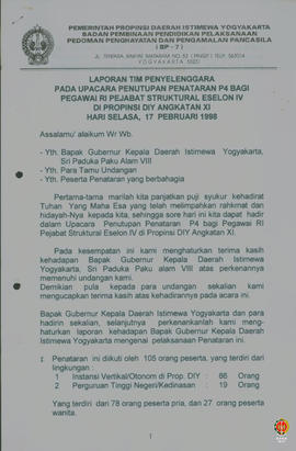 Laporan tim penyelenggara pada upacara penutupan penataran P4 bagi pegawai RI Pejabat Struktural ...