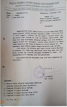 Surat dari Ketua Badan Pembina Radio Siaran Non Pemerintah Provinsi Daerah Istimewa Yogyakarta ke...